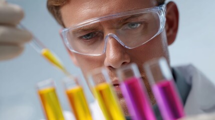 Scientist wearing lab coat and safety glasses pipetting colorful liquids in test tubes