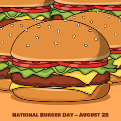 National Burger Day to celebrate in August. Burgers filled with cheese, vegetables, tomatoes, and meat on a beige background. Food event banner.