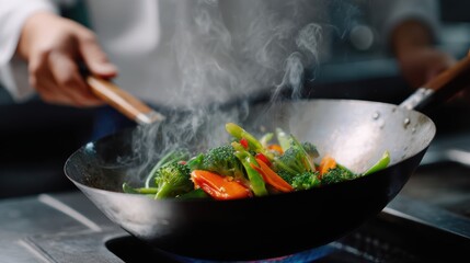 Chef cooking stir-fry vegetables in wok over high heat in commercial kitchen