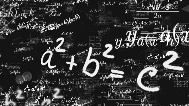 Camera flies through math formulas on black background, Math calculations, algebra equations.Scientific and educational concept