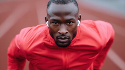 Athlete running on outdoor track wearing performance gear and headphones