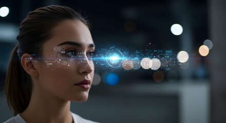 Woman with Digital Data Interface Visualizing Information