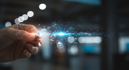 Hand Interacting with Digital Data Flow and Technology Interface