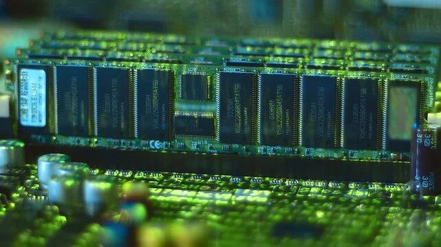 Lines of program code move by memory chips and other electronic components on the motherboard, symbolizing the operation of an electronic device. Closeup. Macro. Shot in motion. Shallow depth of field