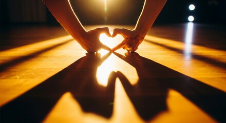 Close-up of Hands Forming Heart Shadow on Dance Floor with Warm Spotlights