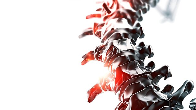 3D human spine with highlighted red pain points. Medical illustration of back injury, discomfort, and vertebral issues.