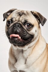 Playful Pug Portrait: A close-up studio shot of an adorable pug with its tongue playfully sticking out, portraying a happy, expressive canine, full of personality.