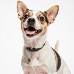 Playful Pup's Portrait: A close-up shot capturing the joyful essence of a small, smiling dog with a backdrop.