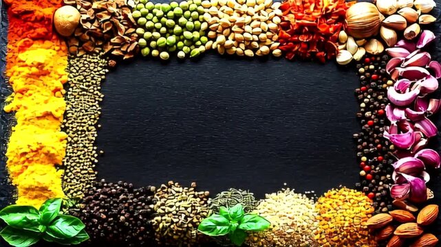 Assortment of culinary spices and herbs frame a black background for cooking concept
