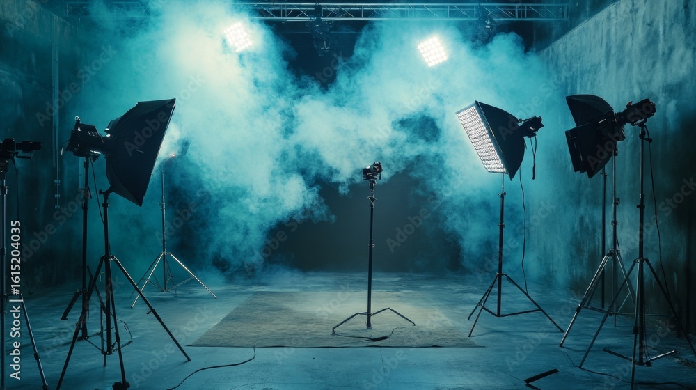 Aufkleber empty photography studio with fog machine and multiple lights in cinematic atmospheric environment