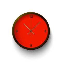 Bold red-faced wall clock with a dark brown frame, set at 12 o'clock. Isolated on a clean white background with a subtle shadow, ideal for various time-related concepts.