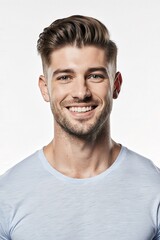 Obraz premium Handsome Man's Portrait: A charismatic individual with a confident gaze and a warm, engaging smile, this portrait encapsulates youthful energy, embodying vitality and approachability.