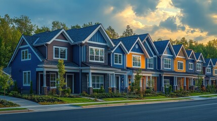 Row of Multi-Colored Two-Story Houses on Residential Street