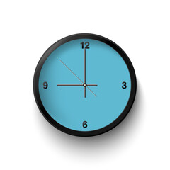 Modern wall clock featuring a serene light blue face and a sleek black frame, showing approximately nine minutes past nine. Isolated on white with a subtle shadow for clean, versatile use.