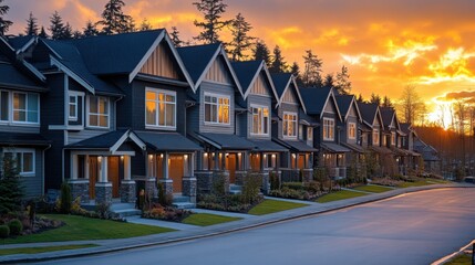 Row of Residential Houses at Sunset