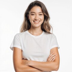 Fototapeta premium Confident Smile: A young, self-assured woman with a radiant smile radiates confidence and poise, embodying natural beauty.