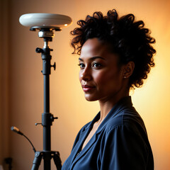 Young woman with curly hair posing confidently in studio lighting for World Photography Day  