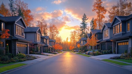 Suburban Street with Houses and Autumn Trees at Sunset