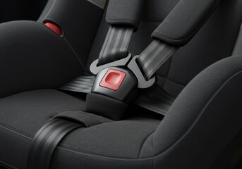 Close up of a black infant car seat with a red safety buckle and a five point harness system