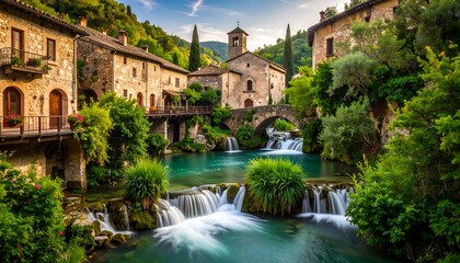 Obraz premium Enchanting Italian Village Scene with Waterfalls and Ancient Stone Architecture