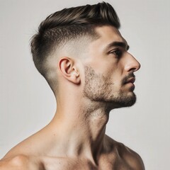 Portrait of a Confident Man: A striking profile of a man with a stylish haircut, showcasing strength, confidence, and a modern, clean aesthetic.
