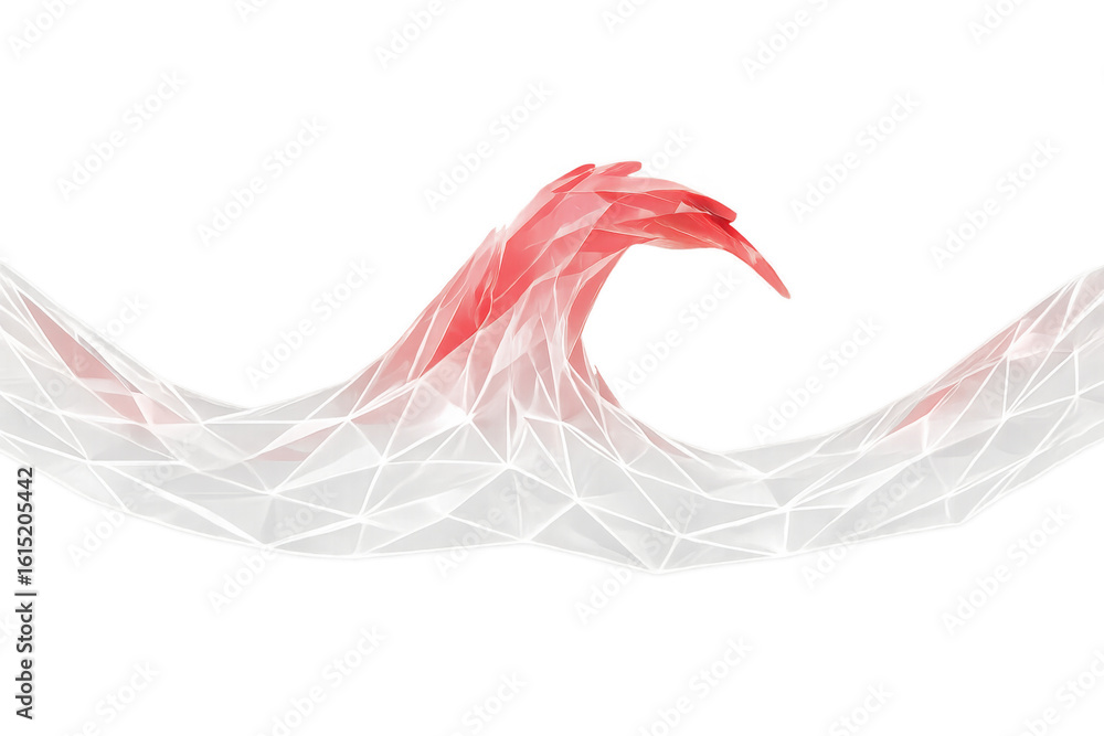 Poster polygonal wave with red top and white bottom breaking on transparent background, ideal for websites 