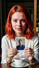 Young woman holding photo of man while sitting in cafe with coffee - Concept of World Photography Day