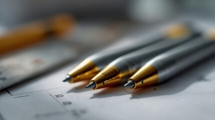 Close-up of architectural drawings with measuring tools and technical pens arranged