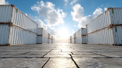 Weathered White Shipping Containers at a Sunny Dock