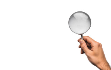 Hand holding magnifying glass on white background,png