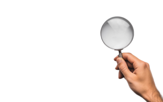 Hand holding magnifying glass on white background,png
