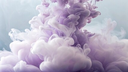 Dynamic plumes of soft violet and white ink expand in clear water, showcasing the beautiful dance of pigments as they dissolve and blend
