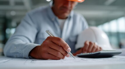 Engineer reviewing construction plans and blueprints with calculator and pen