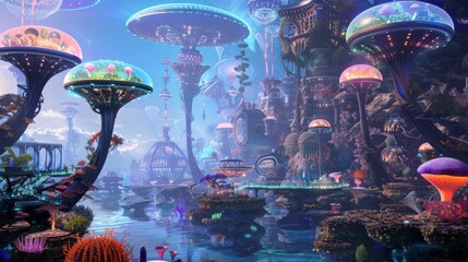 Futuristic Cityscape: An imaginative rendering of a futuristic city, complete with illuminated structures and a mesmerizing blend of colors. Explore the possibilities of an advanced civilization.