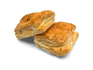 Two flaky puff pastry squares isolated on transparent or white background, png