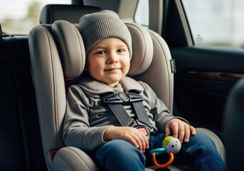 Cute little boy in gray beanie smiling while sitting safely in a modern child car seat