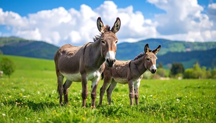 Two Donkeys Grassy Field Under
