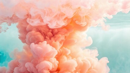 Dynamic plumes of soft coral and peachy orange ink expand beautifully in clear, teal-colored water, showcasing the mesmerizing dance of pigments
