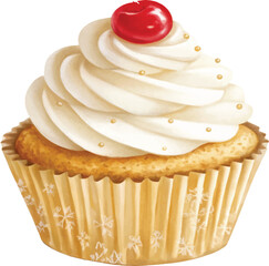 A cute vanilla cupcake with creamy white frosting, a bright red cherry on top