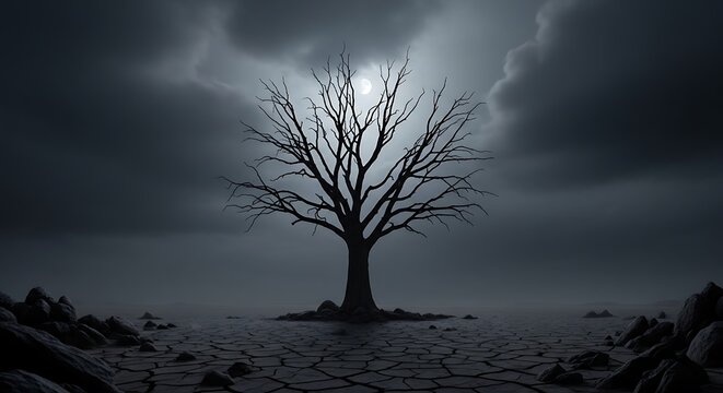 A solitary gnarled ancient tree stands silhouetted against a dramatic stormy moonlit sky casting an eerie spectral glow upon the desolate barren landscape below with dark cloud