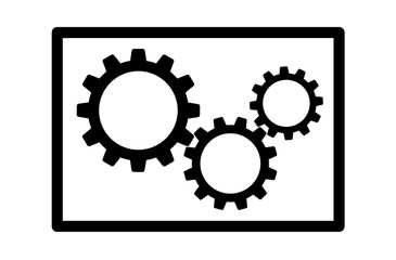 Three gears in a square frame. A minimalist logo featuring cogwheels. A symbol of teamwork, movement, industry, and engineering. Gears on a transparent PNG background.