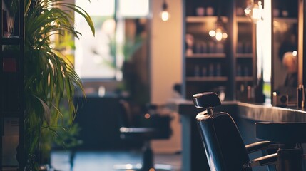 Barbershop interior with empty chairs and mirrors under warm lighting ambiance in vintage grooming atmosphere