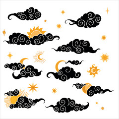 ibetan sky. Smoke. Set Black Asian cloud with moon, sun and stars. Japanese Korean Chinese cloud style. Asian traditional ornaments. Vector illustration