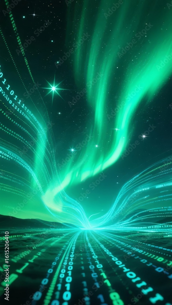 Poster binary code streams flowing through a cosmic aurora