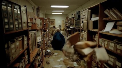 
AI-generated 4K cinematic scene featuring figure in cluttered storage room with shelving and warm lighting effects. Organized chaos atmosphere creates dramatic indoor warehouse environment