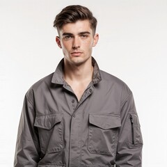 Obraz premium Stylish Individual in Grey Jacket: A striking portrait of a fashionable person posing in a stylish grey jacket. This image captures the essence of contemporary fashion and sophisticated simplicity.