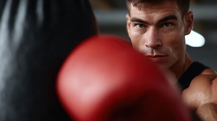 Male boxer training with punching bag in industrial-style gym