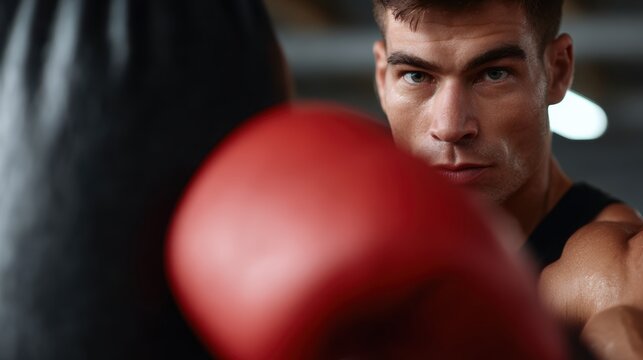 Male boxer training with punching bag in industrial-style gym