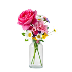 Photo of glass bottle filled with variety of colorful artificial flowers isolated on transparent background