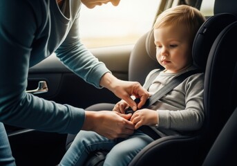 Mother fastening the seat belt on her toddler son in a child car seat before a road trip